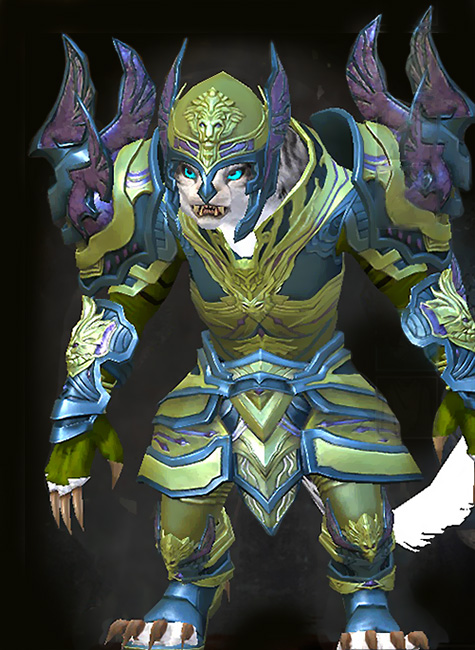 Female PvP - Ardent Glorious Guild Wars 2 Charr Heavy Female PvP Armor Set - Dyed Green & Blue - Ardent Glorious
