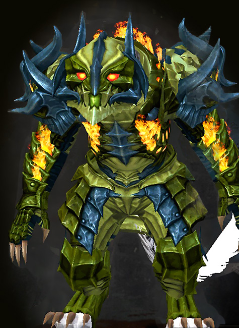 Female Dungeon Citadel of Flame - Flame Legion Guild Wars 2 Charr Heavy Female Dungeon Armor Set - Dyed Green & Blue - Flame Legion