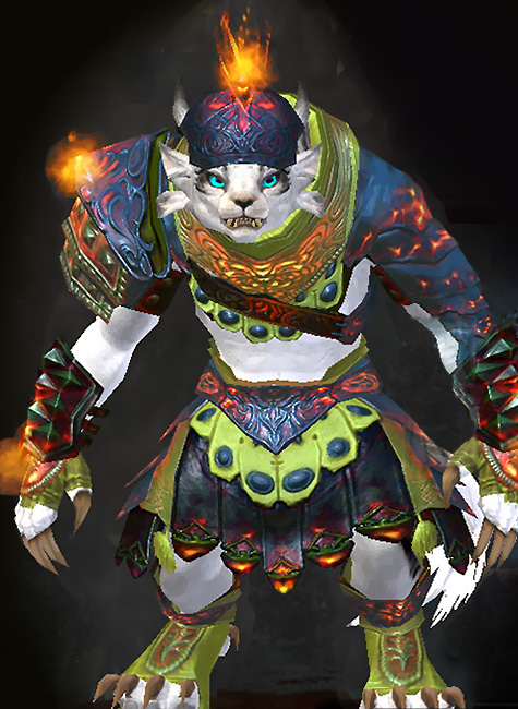Female Gem Store - Flamewrath Guild Wars 2 Charr Heavy Female Gem Armor Set - Dyed Green & Blue - Flamewrath