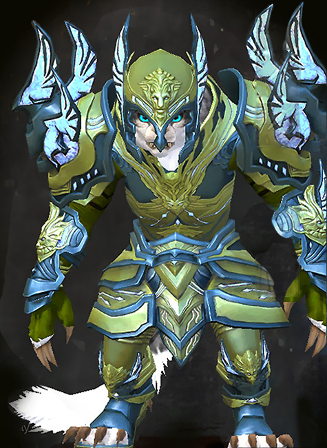 Female PvP - Glorious Hero's Guild Wars 2 Charr Heavy Female PvP Armor Set - Dyed Green & Blue - Glorious Hero's