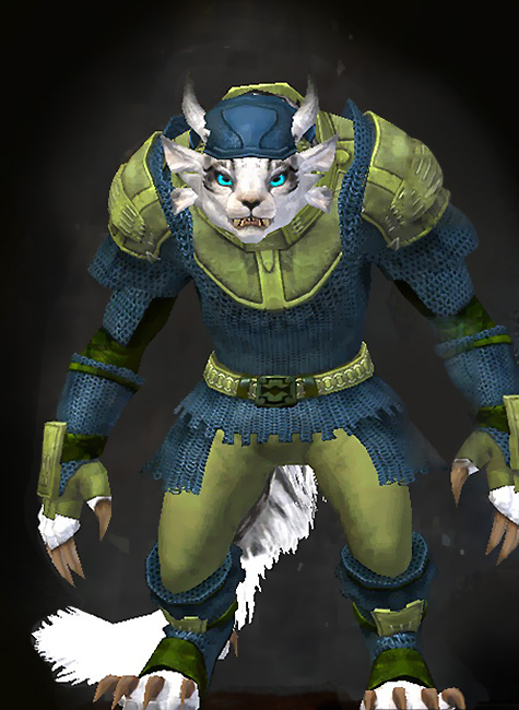 Female - Worn Chain Guild Wars 2 Charr Heavy Female Armor Set - Dyed Green & Blue - Worn Chain