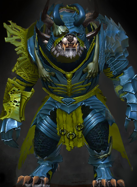 Male Dungeon The Ruined City of Arah - Grasping Dead Guild Wars 2 Charr Heavy Male Dungeon Armor Set - Dyed Green & Blue - Grasping Dead