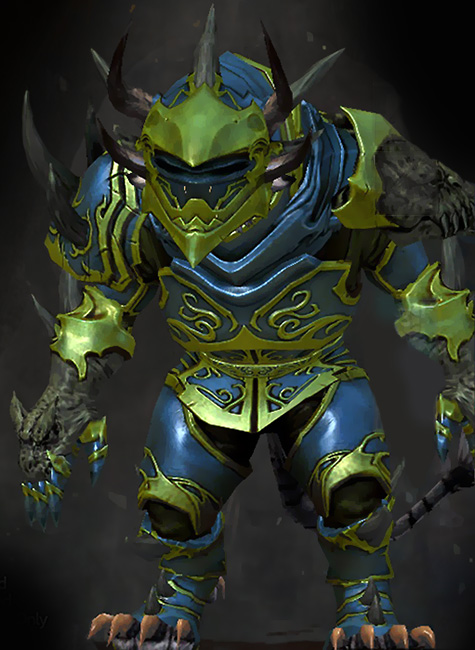 Male Gem Store - Primeval Guild Wars 2 Charr Heavy Male Gem Armor Set - Dyed Green & Blue - Primeval