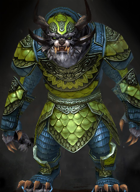 Male Crafted - Tempered Scale Guild Wars 2 Charr Heavy Male Crafted Armor Set - Dyed Green & Blue - Tempered Scale