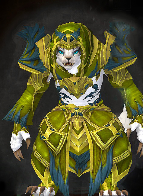 Female Crafted - Feathered Guild Wars 2 Charr Light Female Crafted Armor Set - Dyed Green & Blue - Feathered