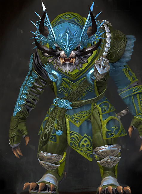 Male Crafted - Illustrious Guild Wars 2 Charr Medium Male Crafted Armor Set - Dyed Green & Blue - Illustrious