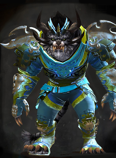 Male WvW - Mistforged Triumphant Hero's Guild Wars 2 Charr Medium Male WvW Armor Set - Dyed Green & Blue - Mistforged Triumphant Hero's