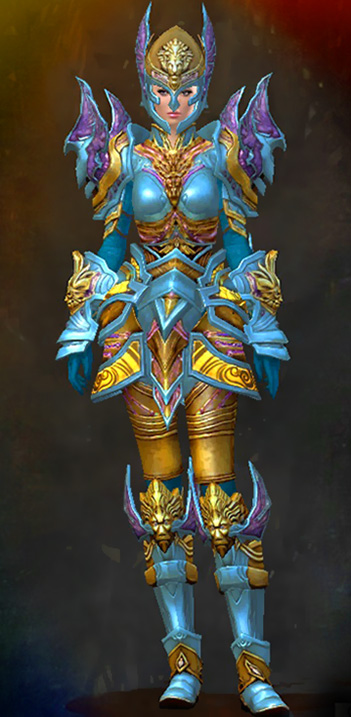 Female PvP - Ardent Glorious Guild Wars 2 Human Heavy Female PvP Armor Set - Dyed Blue & Gold - Ardent Glorious