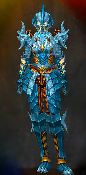 Female Dungeon Citadel of Flame - Flame Legion Guild Wars 2 Human Heavy Female Dungeon Armor Set - Dyed Blue & Gold - Flame Legion