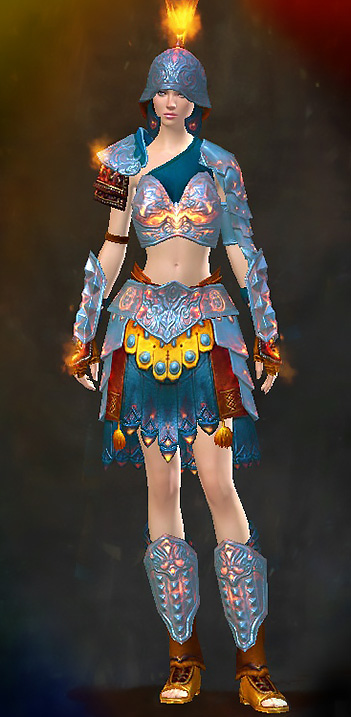Female Gem Store - Flamewrath Guild Wars 2 Human Heavy Female Gem Armor Set - Dyed Blue & Gold - Flamewrath