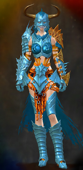 Female Dungeon The Ruined City of Arah - Grasping Dead Guild Wars 2 Human Heavy Female Dungeon Armor Set - Dyed Blue & Gold - Grasping Dead