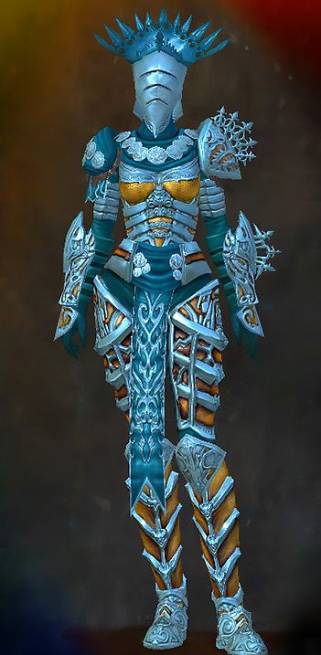 Female Crafted - Illustrious Guild Wars 2 Human Heavy Female Crafted Armor Set - Dyed Blue & Gold - Illustrious