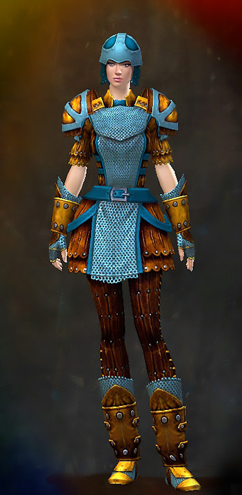 Female Karma - Militia Guild Wars 2 Human Heavy Female Karma Armor Set - Dyed Blue & Gold - Militia