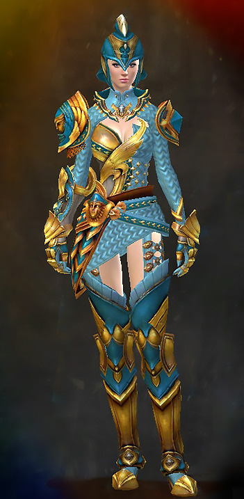 Female Gem Store - Phalanx Guild Wars 2 Human Heavy Female Gem Armor Set - Dyed Blue & Gold - Phalanx