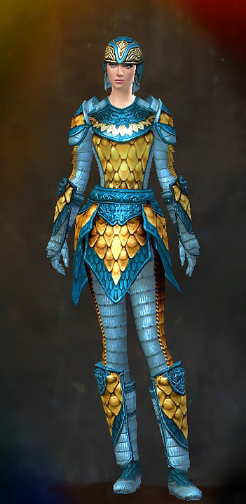Female Crafted - Tempered Scale Guild Wars 2 Human Heavy Female Crafted Armor Set - Dyed Blue & Gold - Tempered Scale