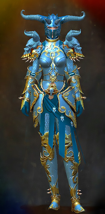 Female WvW - Triumphant Hero's Guild Wars 2 Human Heavy Female WvW Armor Set - Dyed Blue & Gold - Triumphant Hero's