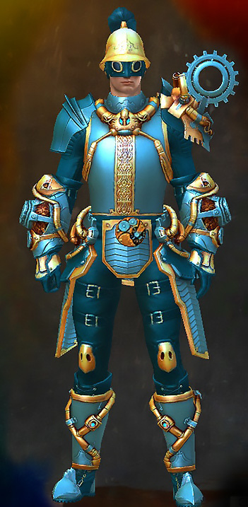 Male Gem Store - Aetherblade Guild Wars 2 Human Heavy Male Gem Armor Set - Dyed Blue & Gold - Aetherblade