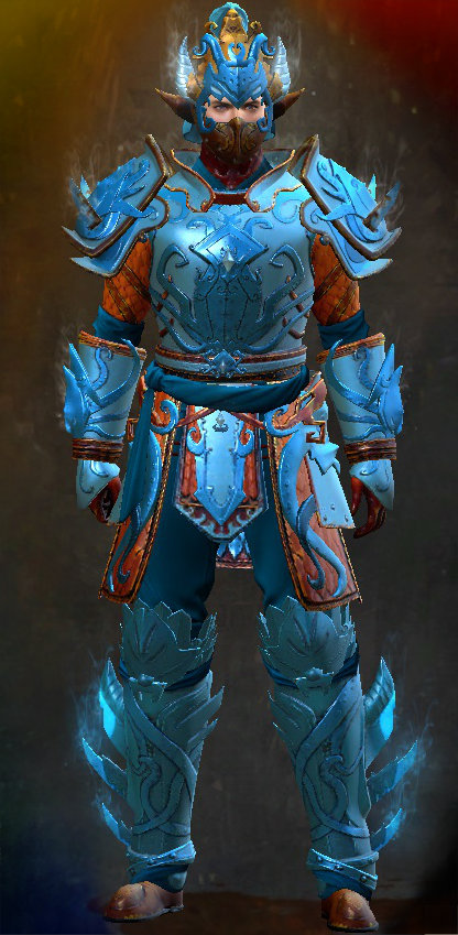 Guild Wars 2 Human Heavy Male End of Dragons Armor Set - Dyed Blue & Gold - Ancient Kraken