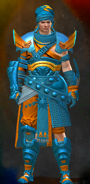 Male Path of Fire - Elonian Guild Wars 2 Human Heavy Male Path of Fire Armor Set - Dyed Blue & Gold - Elonian