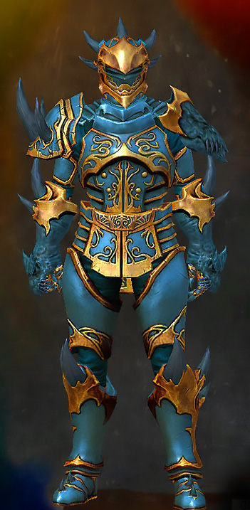 Male Gem Store - Primeval Guild Wars 2 Human Heavy Male Gem Armor Set - Dyed Blue & Gold - Primeval