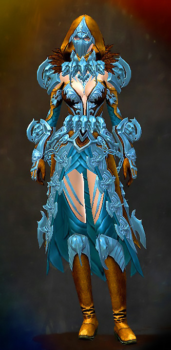 Female Heart of Thorns - Bladed Guild Wars 2 Human Light Female Heart of Thorns Armor Set - Dyed Blue & Gold - Bladed