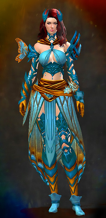 Female Living Story - Carapace Guild Wars 2 Human Light Female Living Story Armor Set - Dyed Blue & Gold - Carapace