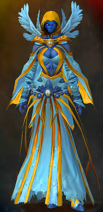 Female Dungeon The Ruined City of Arah - Armor of the Lich Guild Wars 2 Human Light Female Dungeon Armor Set - Dyed Blue & Gold - Armor of the Lich