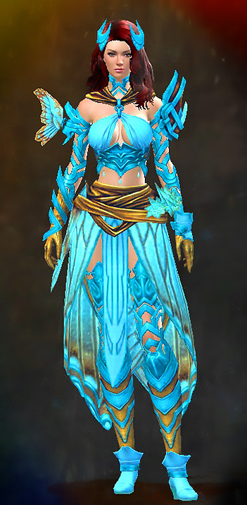Female Living Story - Luminescent Guild Wars 2 Human Light Female Living Story Armor Set - Dyed Blue & Gold - Luminescent