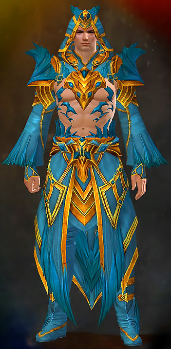 Guild Wars 2 Human Light Male Crafted Armor Set - Dyed Blue & Gold - Feathered
