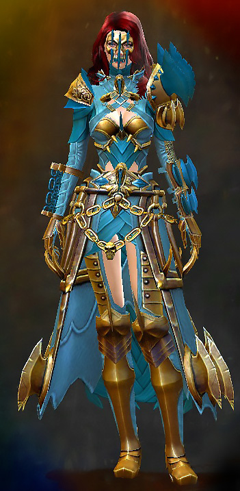 Female Heart of Thorns - Bladed Guild Wars 2 Human Medium Female Heart of Thorns Armor Set - Dyed Blue & Gold - Bladed