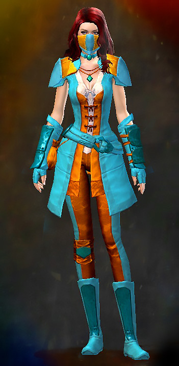 Female - Rawhide Guild Wars 2 Human Medium Female Armor Set - Dyed Blue & Gold - Rawhide