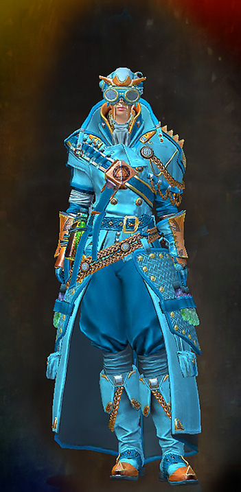Female - Mad Scientist Guild Wars 2 Human Female Outfit - Dyed Blue & Gold - Mad Scientist